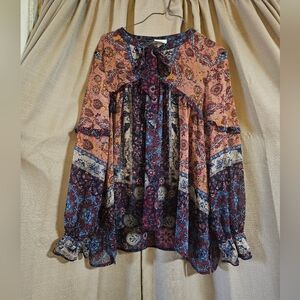 Boho Paisley Tie-Neck Blouse - Pink & Navy